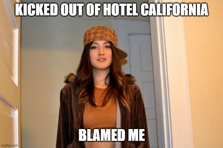 Scumbag Stephanie  | KICKED OUT OF HOTEL CALIFORNIA; BLAMED ME | image tagged in scumbag stephanie,hotel california,blame | made w/ Imgflip meme maker