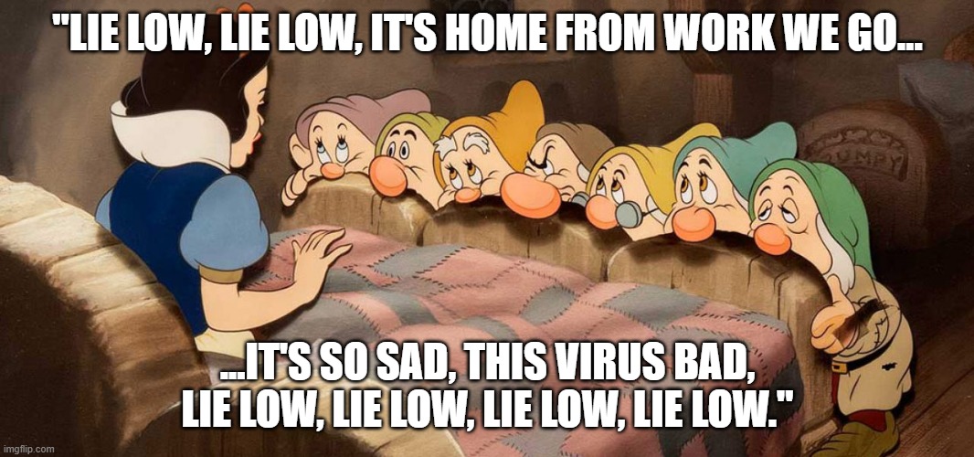 "LIE LOW, LIE LOW, IT'S HOME FROM WORK WE GO... ...IT'S SO SAD, THIS VIRUS BAD, LIE LOW, LIE LOW, LIE LOW, LIE LOW." | image tagged in covid-19 | made w/ Imgflip meme maker
