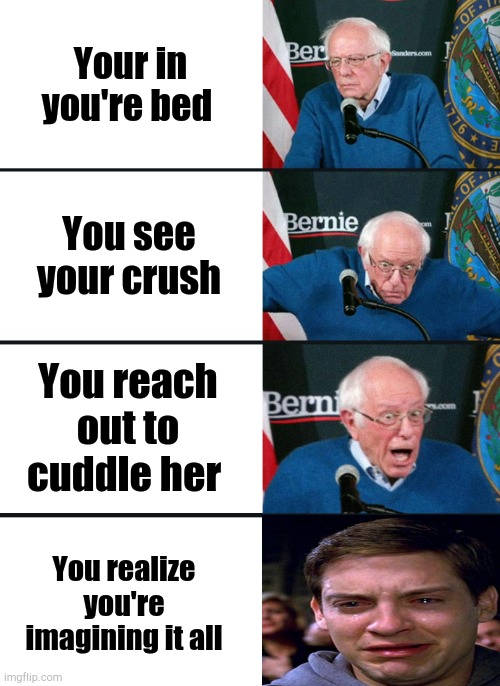 Bernie Sanders reaction (nuked) | Your in you're bed; You see your crush; You reach out to cuddle her; You realize you're imagining it all | image tagged in bernie sanders reaction nuked | made w/ Imgflip meme maker