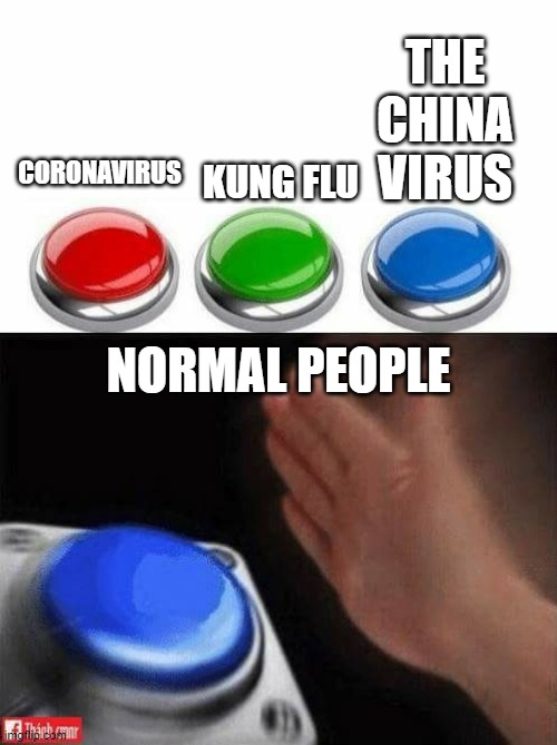 Three Buttons | THE CHINA VIRUS; KUNG FLU; CORONAVIRUS; NORMAL PEOPLE | image tagged in three buttons | made w/ Imgflip meme maker
