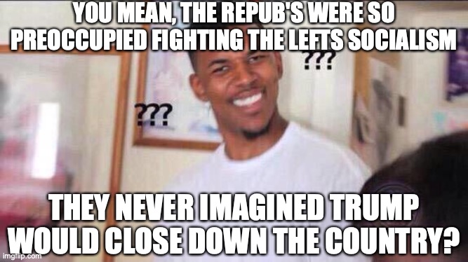 Black guy confused | YOU MEAN, THE REPUB'S WERE SO PREOCCUPIED FIGHTING THE LEFTS SOCIALISM THEY NEVER IMAGINED TRUMP WOULD CLOSE DOWN THE COUNTRY? | image tagged in black guy confused | made w/ Imgflip meme maker