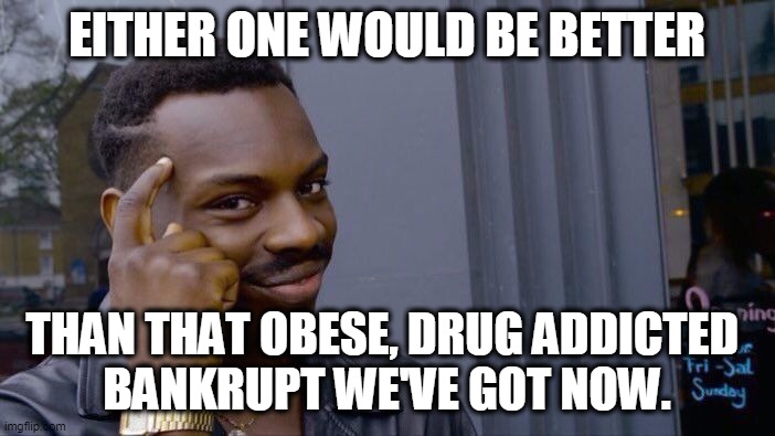 Roll Safe Think About It Meme | EITHER ONE WOULD BE BETTER THAN THAT OBESE, DRUG ADDICTED 
BANKRUPT WE'VE GOT NOW. | image tagged in memes,roll safe think about it | made w/ Imgflip meme maker