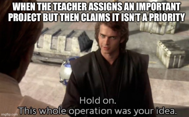 Hold on this whole operation was your idea | WHEN THE TEACHER ASSIGNS AN IMPORTANT PROJECT BUT THEN CLAIMS IT ISN’T A PRIORITY | image tagged in hold on this whole operation was your idea | made w/ Imgflip meme maker