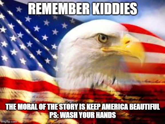 American Flag | REMEMBER KIDDIES; THE MORAL OF THE STORY IS KEEP AMERICA BEAUTIFUL
PS: WASH YOUR HANDS | image tagged in american flag | made w/ Imgflip meme maker