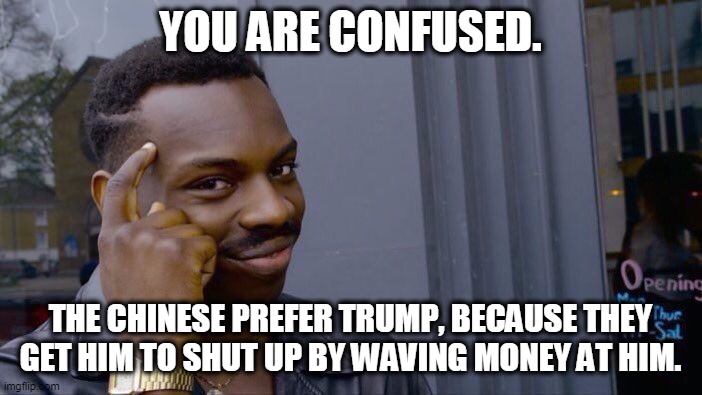 Roll Safe Think About It Meme | YOU ARE CONFUSED. THE CHINESE PREFER TRUMP, BECAUSE THEY GET HIM TO SHUT UP BY WAVING MONEY AT HIM. | image tagged in memes,roll safe think about it | made w/ Imgflip meme maker