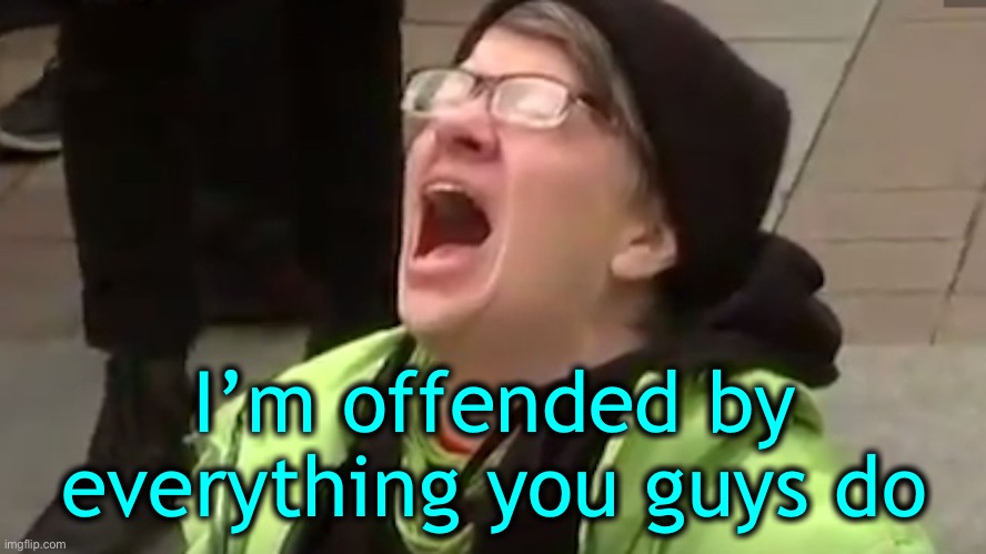 Screaming Liberal  | I’m offended by everything you guys do | image tagged in screaming liberal | made w/ Imgflip meme maker