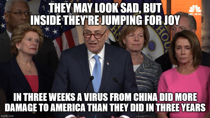Democrat congressmen | THEY MAY LOOK SAD, BUT INSIDE THEY'RE JUMPING FOR JOY; IN THREE WEEKS A VIRUS FROM CHINA DID MORE DAMAGE TO AMERICA THAN THEY DID IN THREE YEARS | image tagged in democrat congressmen | made w/ Imgflip meme maker