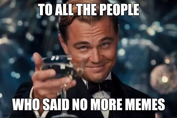 Leonardo Dicaprio Cheers | TO ALL THE PEOPLE; WHO SAID NO MORE MEMES | image tagged in memes,leonardo dicaprio cheers | made w/ Imgflip meme maker