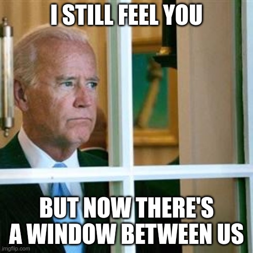 Self isolating is making this difficult | I STILL FEEL YOU; BUT NOW THERE'S A WINDOW BETWEEN US | image tagged in joe biden,self isolated,isolated,quarantine | made w/ Imgflip meme maker