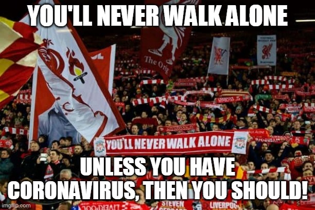 You'll never walk alone | YOU'LL NEVER WALK ALONE; UNLESS YOU HAVE CORONAVIRUS, THEN YOU SHOULD! | image tagged in coronavirus | made w/ Imgflip meme maker