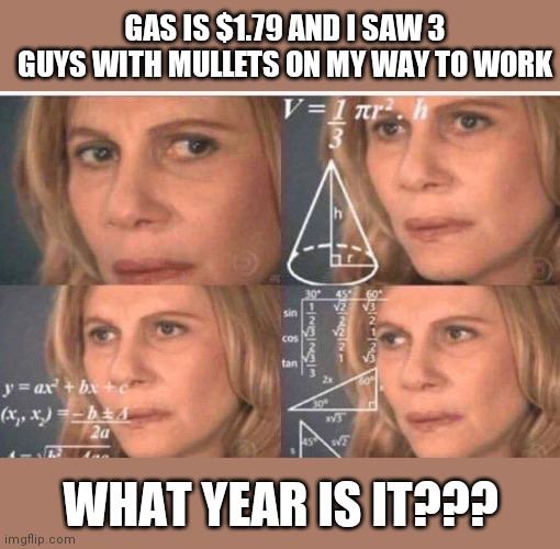 Math lady/Confused lady | GAS IS $1.79 AND I SAW 3 GUYS WITH MULLETS ON MY WAY TO WORK; WHAT YEAR IS IT??? | image tagged in math lady/confused lady | made w/ Imgflip meme maker