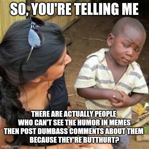 Butthurt Little Trolls | SO, YOU'RE TELLING ME; THERE ARE ACTUALLY PEOPLE 
WHO CAN'T SEE THE HUMOR IN MEMES
THEN POST DUMBASS COMMENTS ABOUT THEM 
BECAUSE THEY'RE BUTTHURT? | image tagged in so youre telling me,butthurt,funny memes,memes | made w/ Imgflip meme maker