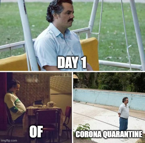 How day 1 of Corona quarantine feels like. | DAY 1; OF; CORONA QUARANTINE | image tagged in memes,sad pablo escobar | made w/ Imgflip meme maker