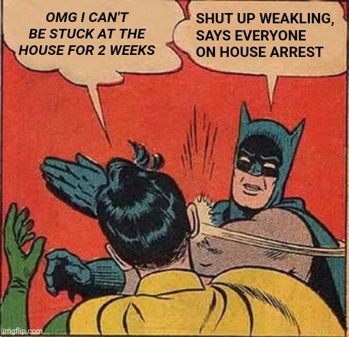 Batman Slapping Robin Meme | OMG I CAN'T BE STUCK AT THE HOUSE FOR 2 WEEKS; SHUT UP WEAKLING, SAYS EVERYONE ON HOUSE ARREST | image tagged in memes,batman slapping robin | made w/ Imgflip meme maker