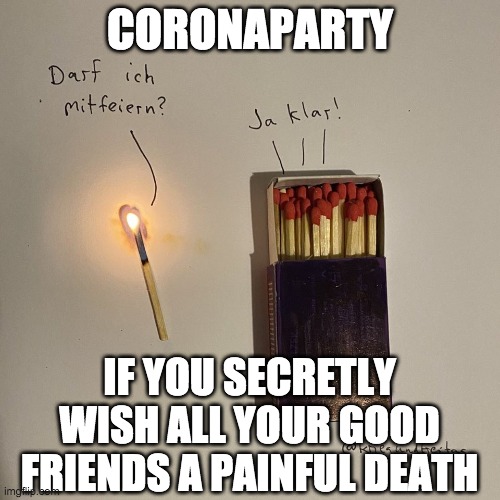 Coronaparties, the next big thing in suicide technology | CORONAPARTY; IF YOU SECRETLY WISH ALL YOUR GOOD FRIENDS A PAINFUL DEATH | image tagged in corona,party | made w/ Imgflip meme maker