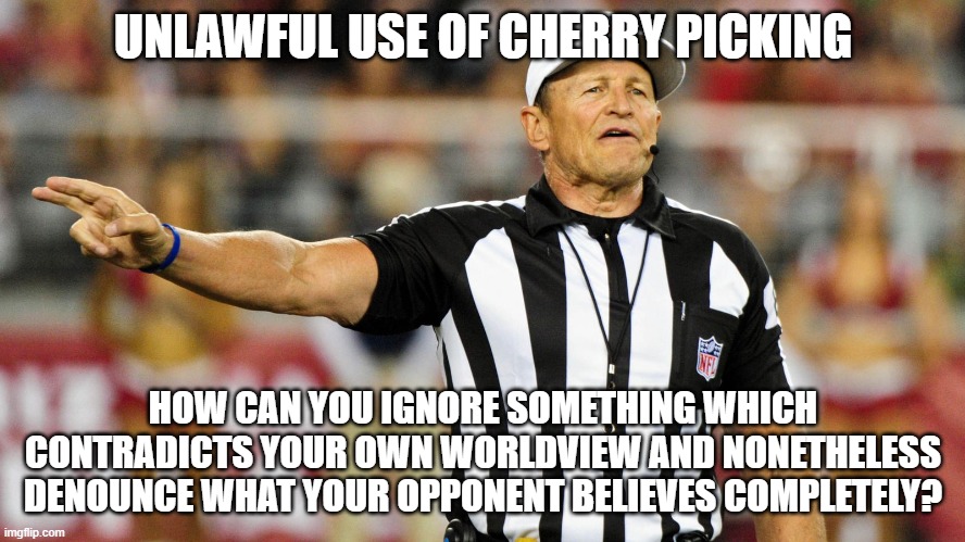 Logical Fallacy Referee | UNLAWFUL USE OF CHERRY PICKING; HOW CAN YOU IGNORE SOMETHING WHICH CONTRADICTS YOUR OWN WORLDVIEW AND NONETHELESS DENOUNCE WHAT YOUR OPPONENT BELIEVES COMPLETELY? | image tagged in logical fallacy referee | made w/ Imgflip meme maker