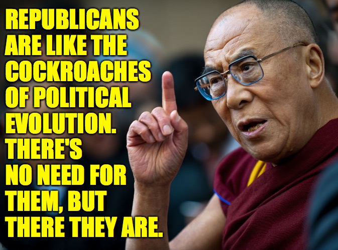 They don't outnumber people yet. | REPUBLICANS
ARE LIKE THE
COCKROACHES
OF POLITICAL
EVOLUTION. THERE'S NO NEED FOR THEM, BUT THERE THEY ARE. | image tagged in dalai lama,memes,republicans | made w/ Imgflip meme maker