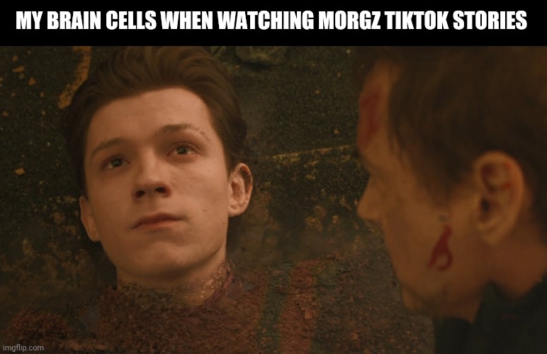 Mr Stark I don't feel so good | MY BRAIN CELLS WHEN WATCHING MORGZ TIKTOK STORIES | image tagged in mr stark i don't feel so good | made w/ Imgflip meme maker