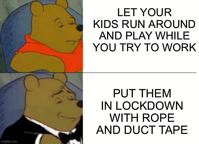 Fancy Winnie The Pooh Meme | LET YOUR KIDS RUN AROUND AND PLAY WHILE YOU TRY TO WORK PUT THEM IN LOCKDOWN WITH ROPE AND DUCT TAPE | image tagged in fancy winnie the pooh meme | made w/ Imgflip meme maker