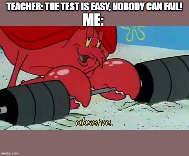 Observe | TEACHER: THE TEST IS EASY, NOBODY CAN FAIL! ME: | image tagged in observe | made w/ Imgflip meme maker