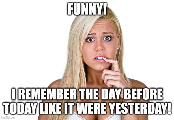 Dumb Blonde | FUNNY! I REMEMBER THE DAY BEFORE TODAY LIKE IT WERE YESTERDAY! | image tagged in dumb blonde | made w/ Imgflip meme maker