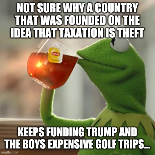 But That's None Of My Business | NOT SURE WHY A COUNTRY THAT WAS FOUNDED ON THE IDEA THAT TAXATION IS THEFT; KEEPS FUNDING TRUMP AND THE BOYS EXPENSIVE GOLF TRIPS... | image tagged in memes,but thats none of my business,kermit the frog | made w/ Imgflip meme maker
