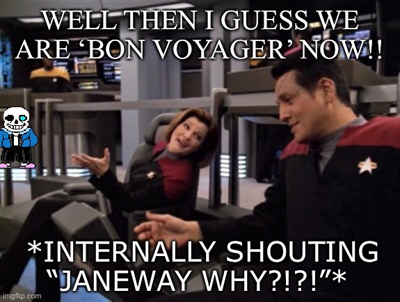 Kathryn Janeway takes a lesson from Sans | WELL THEN I GUESS WE ARE ‘BON VOYAGER’ NOW!! *INTERNALLY SHOUTING “JANEWAY WHY?!?!”* | image tagged in janeway meme bridge,sans has another satisfied pupil | made w/ Imgflip meme maker