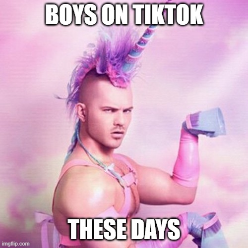 Unicorn MAN Meme | BOYS ON TIKTOK; THESE DAYS | image tagged in memes,unicorn man | made w/ Imgflip meme maker
