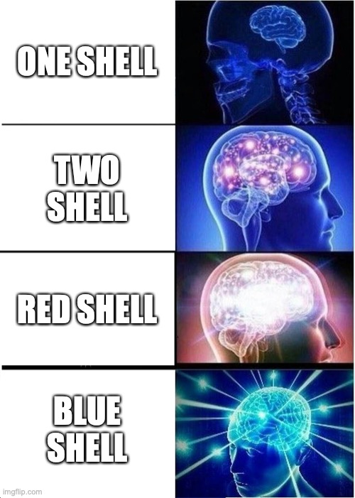 Expanding Brain Meme | ONE SHELL; TWO SHELL; RED SHELL; BLUE SHELL | image tagged in memes,expanding brain | made w/ Imgflip meme maker