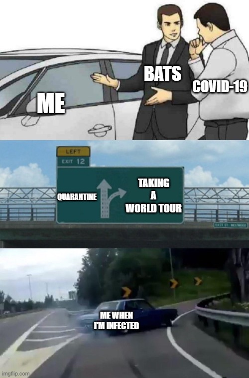 ME; BATS; COVID-19; TAKING A WORLD TOUR; QUARANTINE; ME WHEN I'M INFECTED | image tagged in memes,left exit 12 off ramp,car salesman slaps roof of car | made w/ Imgflip meme maker