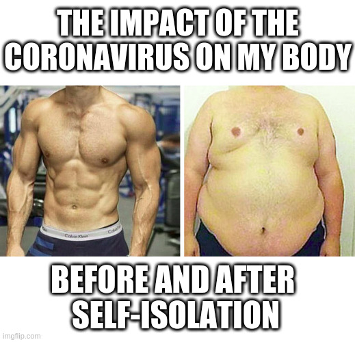fat | THE IMPACT OF THE CORONAVIRUS ON MY BODY; BEFORE AND AFTER 
SELF-ISOLATION | image tagged in fat | made w/ Imgflip meme maker