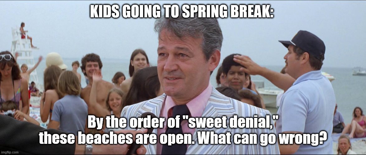 What can go wrong? | KIDS GOING TO SPRING BREAK:; By the order of "sweet denial," these beaches are open. What can go wrong? | image tagged in jaws | made w/ Imgflip meme maker