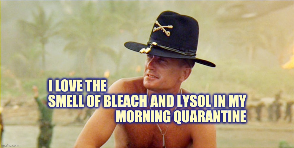 Disinfect | AND LYSOL IN MY MORNING QUARANTINE; I LOVE THE SMELL OF BLEACH | image tagged in smell of napalm in the morning,memes,quarantine,covid-19,coronavirus,spring cleaning | made w/ Imgflip meme maker