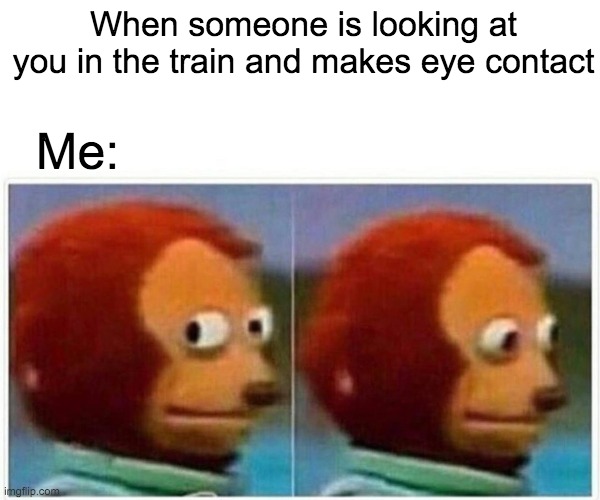 Monkey Puppet Meme | When someone is looking at you in the train and makes eye contact; Me: | image tagged in memes,monkey puppet | made w/ Imgflip meme maker