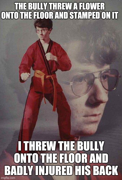 Get nae-nae'd! | THE BULLY THREW A FLOWER ONTO THE FLOOR AND STAMPED ON IT; I THREW THE BULLY ONTO THE FLOOR AND BADLY INJURED HIS BACK | image tagged in memes,karate kyle,get nae-nae'd,you get what you f-ing deserve,you just got vectored,school bully | made w/ Imgflip meme maker