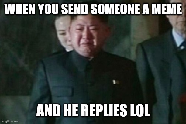 Kim Jong Un Sad | WHEN YOU SEND SOMEONE A MEME; AND HE REPLIES LOL | image tagged in memes,kim jong un sad | made w/ Imgflip meme maker