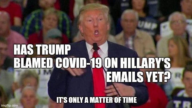 He's Blamed Everyone Else | HAS TRUMP BLAMED COVID-19 ON; HILLARY'S EMAILS YET? IT'S ONLY A MATTER OF TIME | image tagged in trump disabled,trump unfit unqualified dangerous,liar in chief,trump lies,covid-19,memes | made w/ Imgflip meme maker