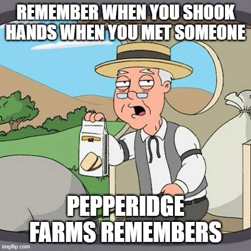 Not anymore | REMEMBER WHEN YOU SHOOK HANDS WHEN YOU MET SOMEONE; PEPPERIDGE FARMS REMEMBERS | image tagged in memes,pepperidge farm remembers,coronavirus | made w/ Imgflip meme maker