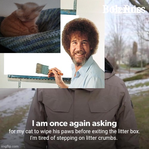 Bob Ross; for my cat to wipe his paws before exiting the litter box.
I'm tired of stepping on litter crumbs. | image tagged in cats,kitty,coronavirus | made w/ Imgflip meme maker