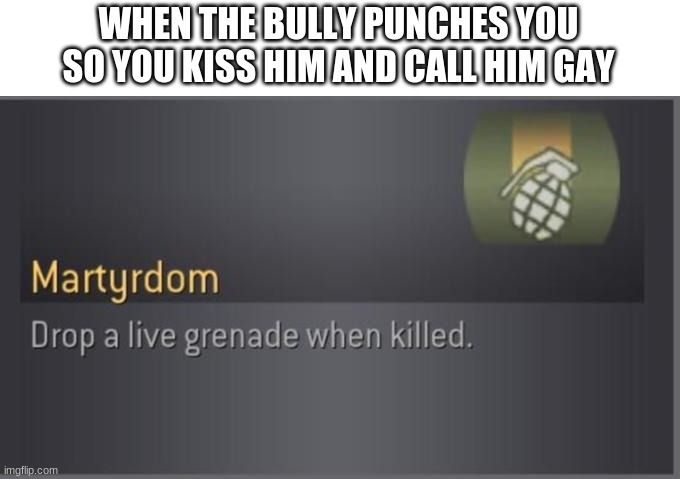Martyrdom | WHEN THE BULLY PUNCHES YOU SO YOU KISS HIM AND CALL HIM GAY | image tagged in martyrdom | made w/ Imgflip meme maker