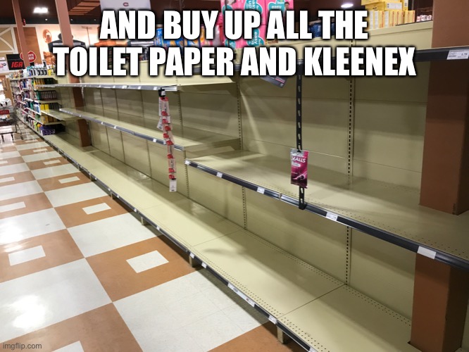 AND BUY UP ALL THE TOILET PAPER AND KLEENEX | made w/ Imgflip meme maker