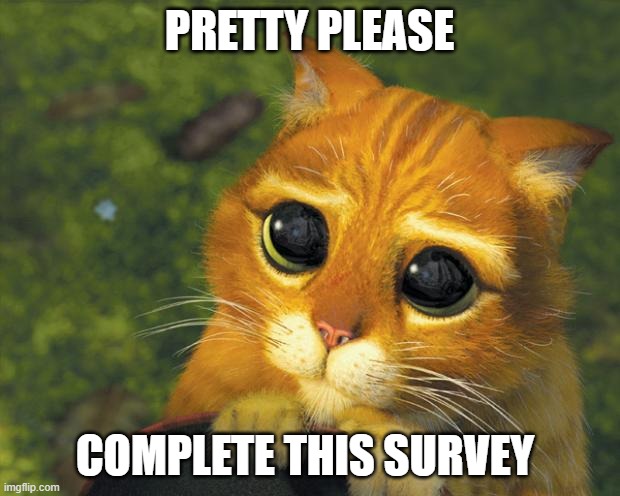 puss in boots | PRETTY PLEASE; COMPLETE THIS SURVEY | image tagged in puss in boots | made w/ Imgflip meme maker