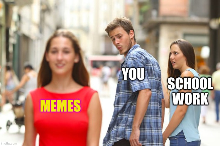 Distracted Boyfriend | YOU; SCHOOL WORK; MEMES | image tagged in memes,distracted boyfriend | made w/ Imgflip meme maker