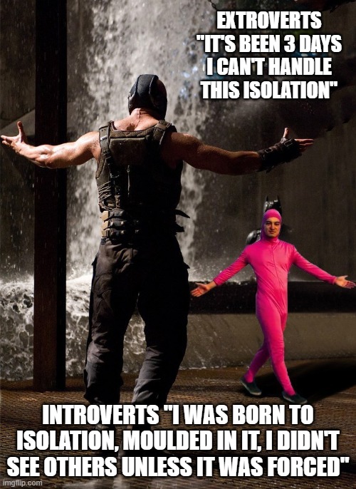 Bane vs Filthy Frank | EXTROVERTS "IT'S BEEN 3 DAYS I CAN'T HANDLE THIS ISOLATION"; INTROVERTS "I WAS BORN TO ISOLATION, MOULDED IN IT, I DIDN'T SEE OTHERS UNLESS IT WAS FORCED" | image tagged in bane vs filthy frank | made w/ Imgflip meme maker