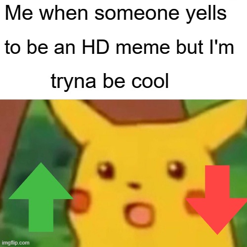 Surprised Pikachu | Me when someone yells; to be an HD meme but I'm; tryna be cool | image tagged in memes,surprised pikachu | made w/ Imgflip meme maker