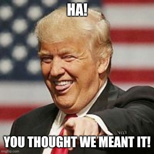 Trump Laughing | HA! YOU THOUGHT WE MEANT IT! | image tagged in trump laughing | made w/ Imgflip meme maker