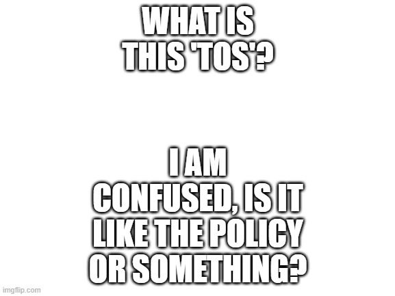 Blank White Template | I AM CONFUSED, IS IT LIKE THE POLICY OR SOMETHING? WHAT IS THIS 'TOS'? | image tagged in blank white template | made w/ Imgflip meme maker