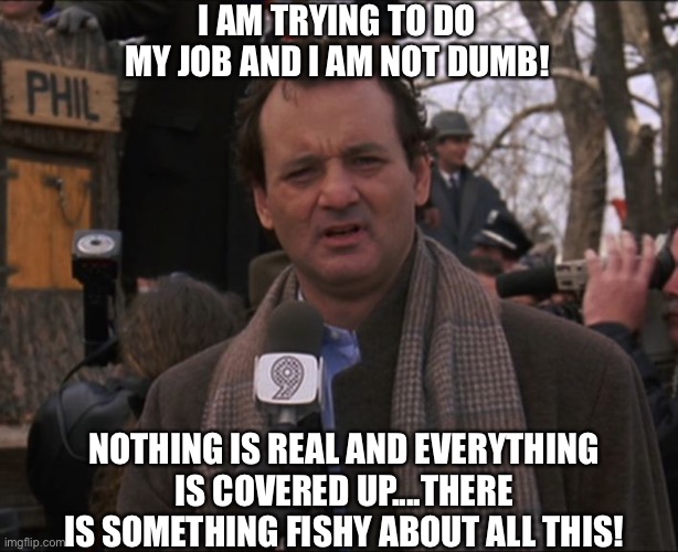 Bill Murray Groundhog Day | I AM TRYING TO DO MY JOB AND I AM NOT DUMB! NOTHING IS REAL AND EVERYTHING IS COVERED UP....THERE IS SOMETHING FISHY ABOUT ALL THIS! | image tagged in bill murray groundhog day,job,dumb,covered up,fishy | made w/ Imgflip meme maker