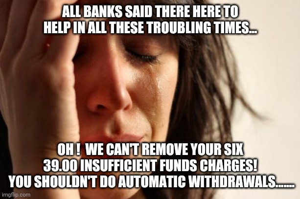 First World Problems Meme | ALL BANKS SAID THERE HERE TO HELP IN ALL THESE TROUBLING TIMES... OH !  WE CAN'T REMOVE YOUR SIX 39.00 INSUFFICIENT FUNDS CHARGES!
 YOU SHOULDN'T DO AUTOMATIC WITHDRAWALS....... | image tagged in memes,first world problems | made w/ Imgflip meme maker