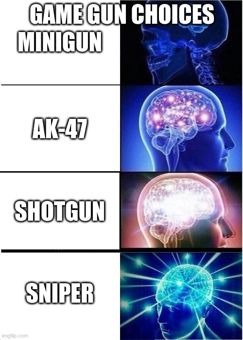 Expanding Brain | GAME GUN CHOICES; MINIGUN; AK-47; SHOTGUN; SNIPER | image tagged in memes,expanding brain | made w/ Imgflip meme maker